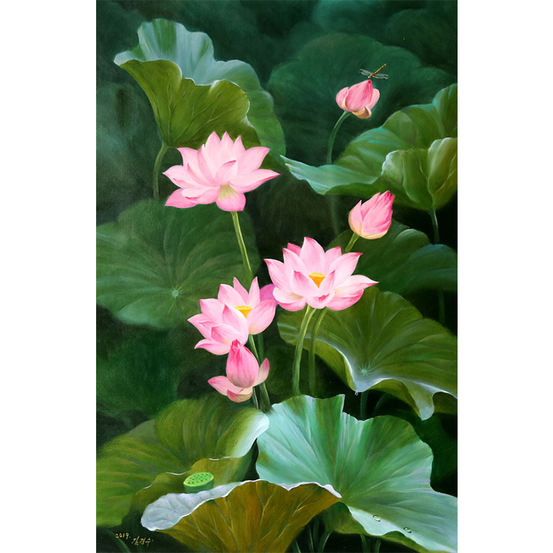 金京秀《荷花一》一级画家风景油画竖幅