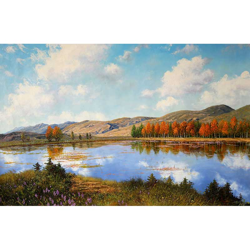 李世权《湖边的秋天》一级画家风景油画横幅