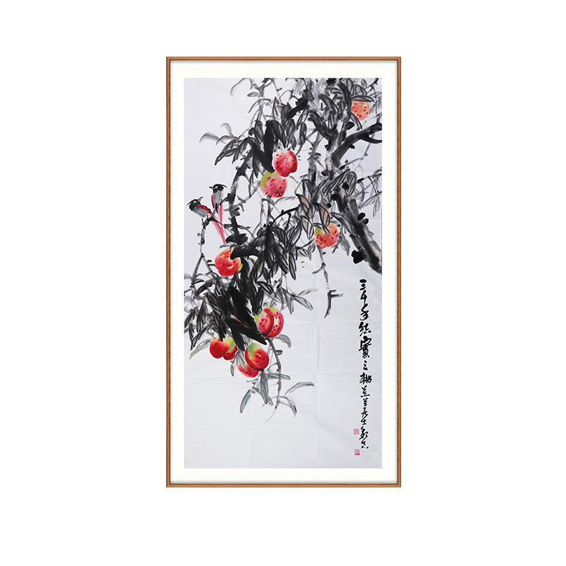 王彩吉《三千年结实之桃》中国美术家画院院士写意花鸟画竖幅八平尺