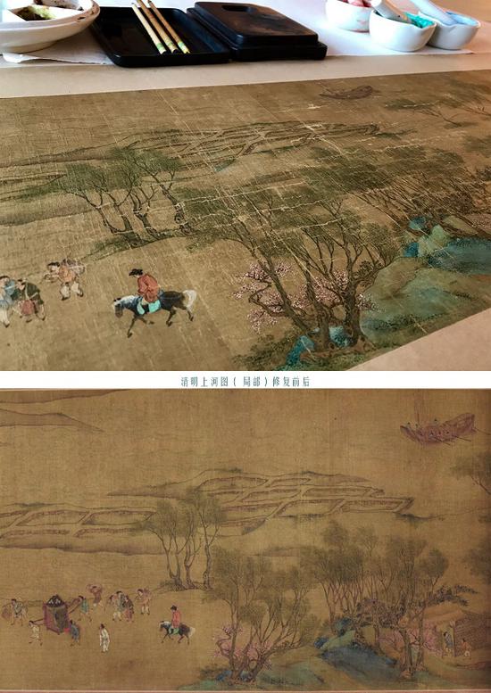 上海博物馆修复师参与的《清明上河图》（清人本）的修复前后对照