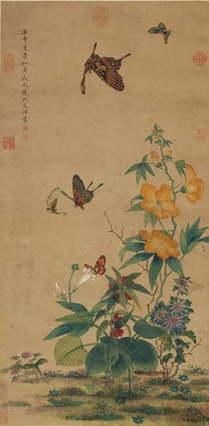 明 文俶《花蝶清影》，设色纸本 镜片，86.4 x 43.2 cm。，1632年作。估价：50，000 - 100，000美元。将于3月19日在佳士得纽约“中国书画”拍卖中呈献
