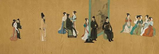 安和 临摹《顾闳中韩熙载夜宴图》，设色绢本 手卷，70.2 x 645.2 cm。。估价：40，000 - 80，000美元。将于3月19日在佳士得纽约“中国书画”拍卖中呈献