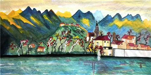 《阿尔卑斯山下的小镇安静原始风景美丽动人》196×96cm
