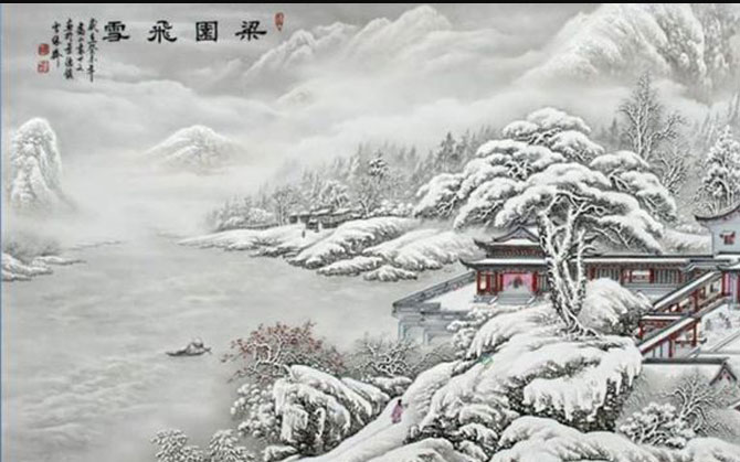  雪景瓷板画