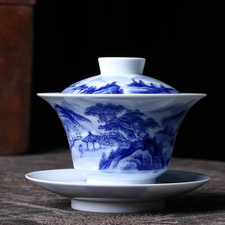 《青花山水纹三才盖碗》景德镇青花盖碗