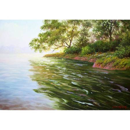 张秀日《金秋湖水旁》一级画家风景油画横幅