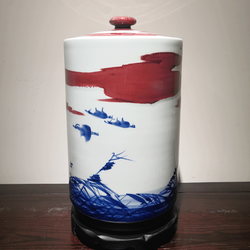 管桂玲《青花釉里红芦雁盖罐》江西省工艺美术大师青花釉里红瓷瓶景德镇