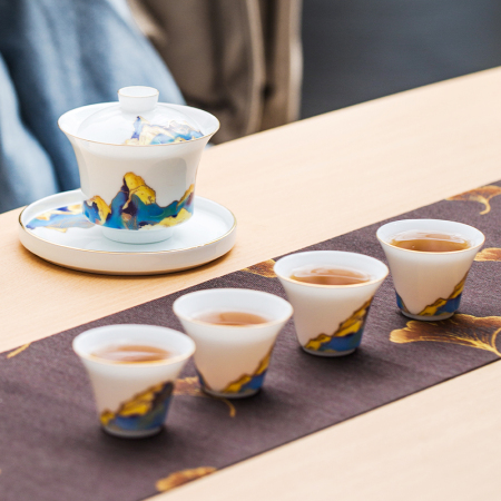 景德镇陶瓷文创 锦绣山河茶具套装 1盖碗4杯1公道杯