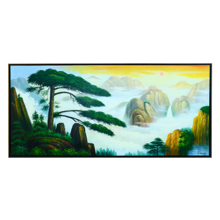 罗连伟《迎客松》油画横幅作品