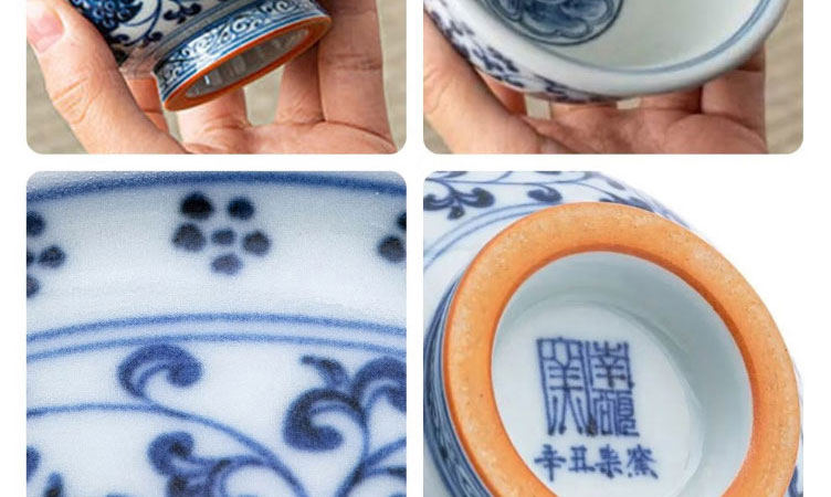 柴窑永乐青花压手杯双狮款