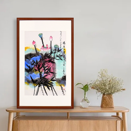 辛钰虢《荷香十里》内蒙古美协会员写意花鸟画三平尺 实木画框装裱