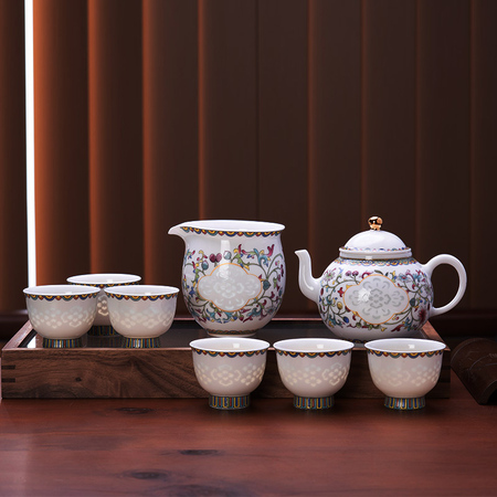 景德镇玲珑瓷茶具《四合如意》八头茶具套装