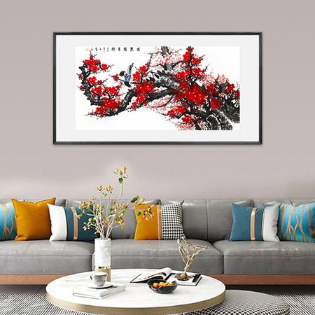 《凌寒独自开》写意花鸟画横幅八平尺 实木画框装裱