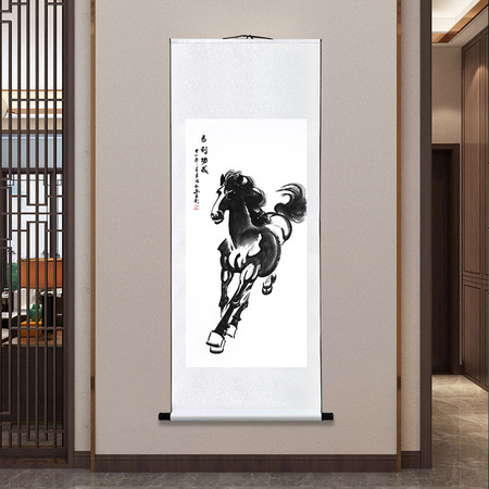  康一生奔马国画《马到成功》8平尺 锦绫卷轴托裱