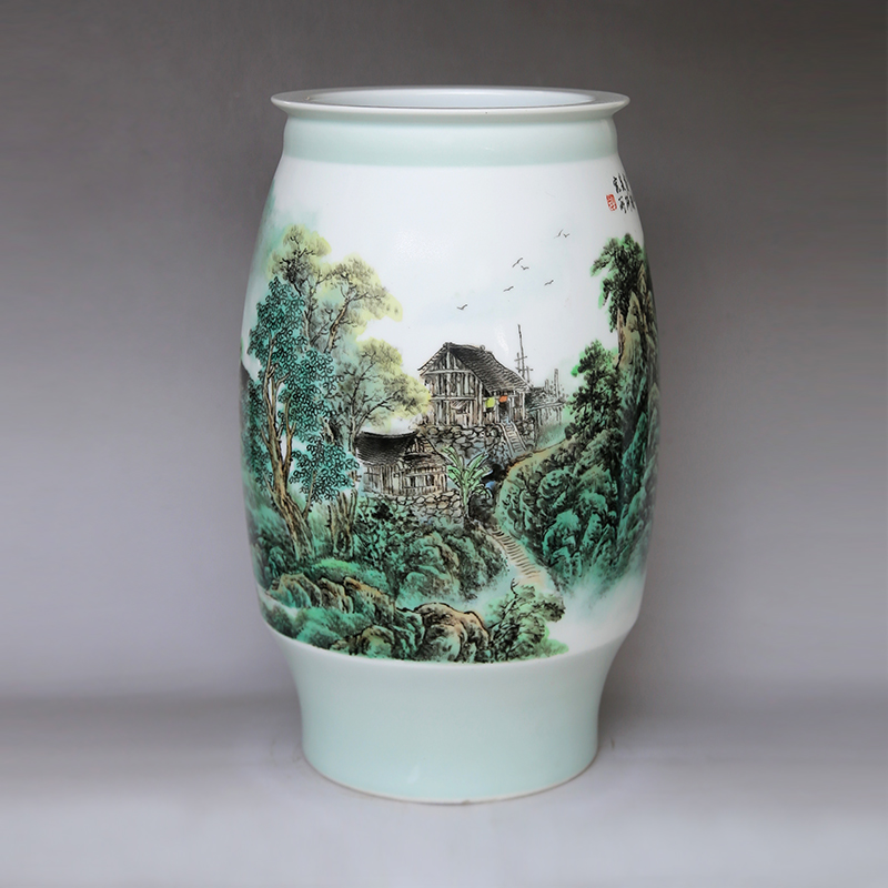 刘琴《乡畔人家》江西省工艺美术师景德镇釉上彩瓷瓶