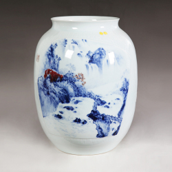 喻安《山水》江西省高级工艺美术师青花釉里红瓷瓶