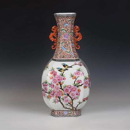 中国工艺美术大师 徐亚凤《粉彩水点桃花花鸟纹凤耳尊》